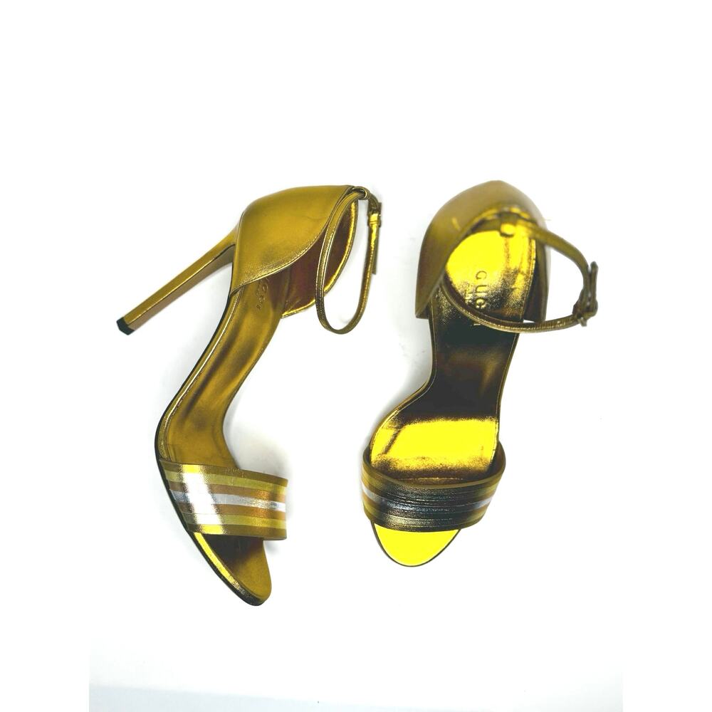 Gucci Cara Gold Metallic Leather Strappy High Heel Sandals EU 38
